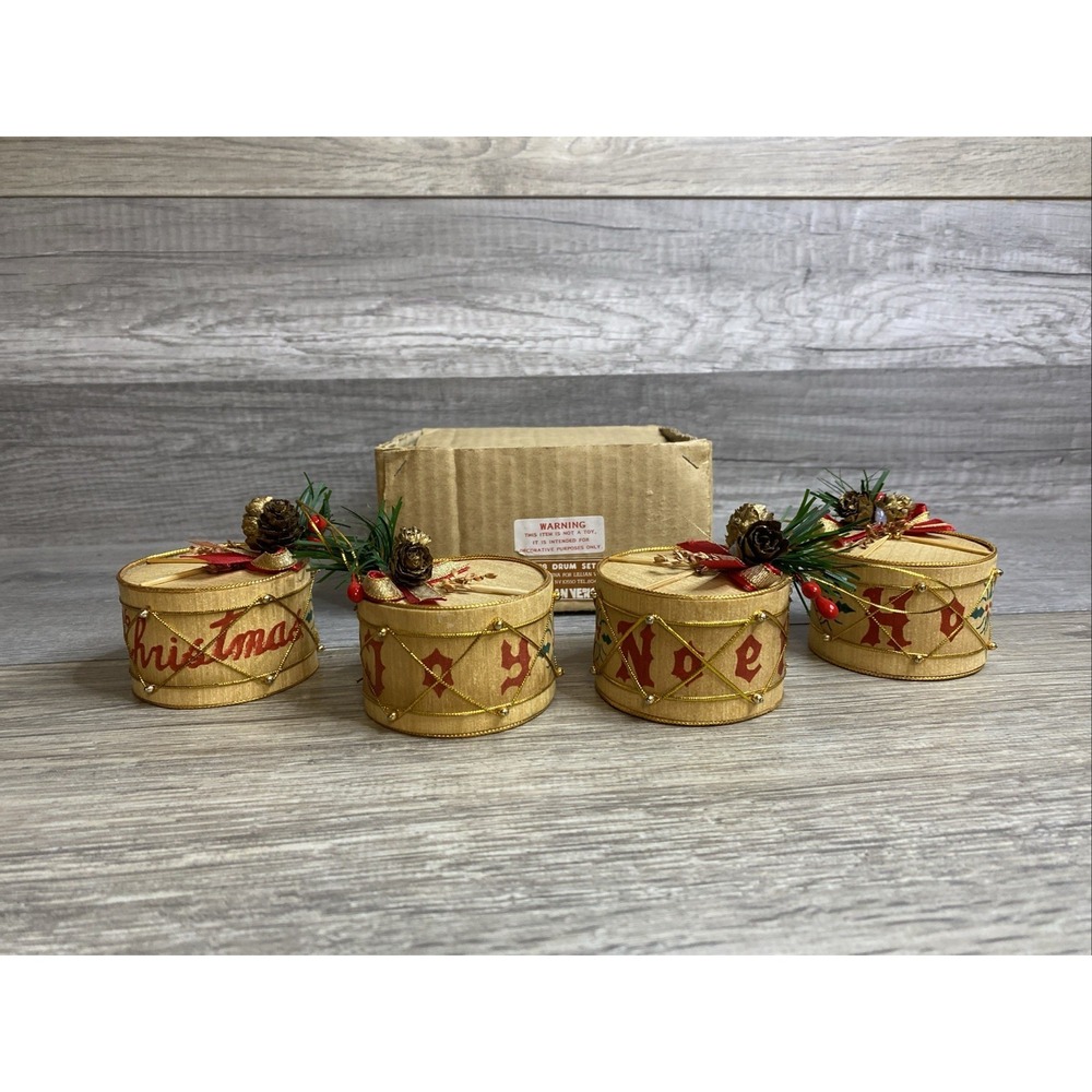 Lillian Vernon Set Of 4 Wooden Drum Ornament's (3728) Christmas Joy Noel Ho, Ho